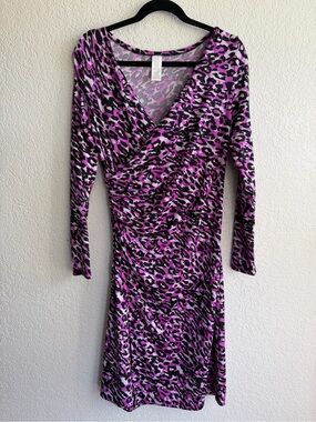 Purple Leopard Print Long Sleeve Wrap-Style Dress